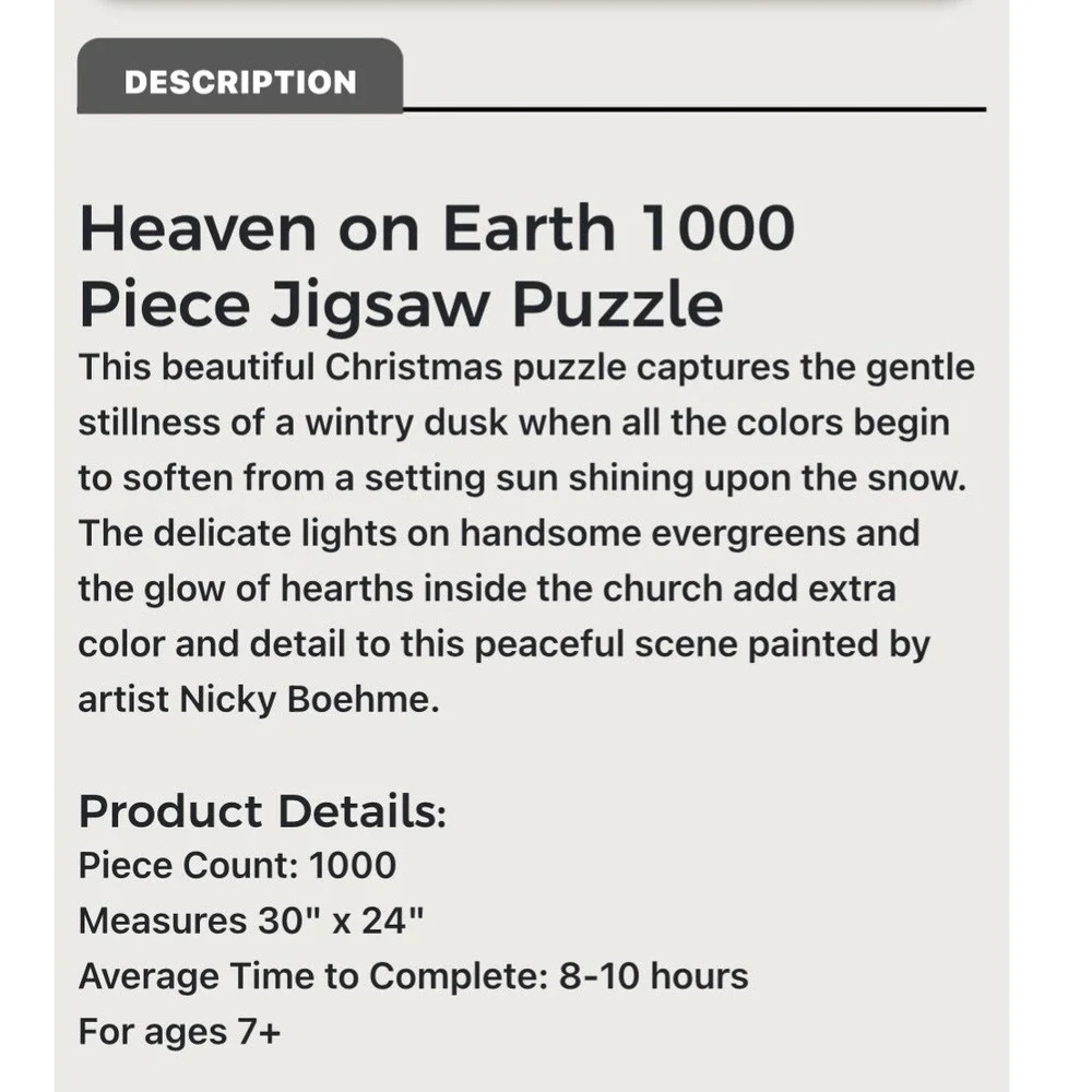 Springbok Puzzle - NEW - Heaven On Earth -  Snow - Town- 1000 pieces - Complete